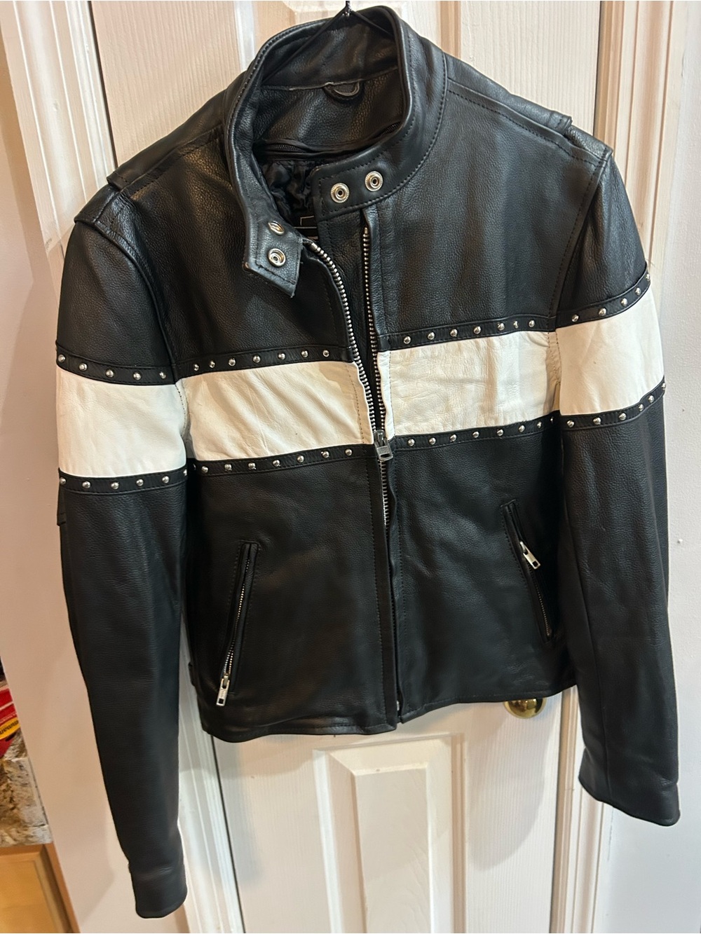 Unik Black Leather Jacket with White Stripe and Studs
